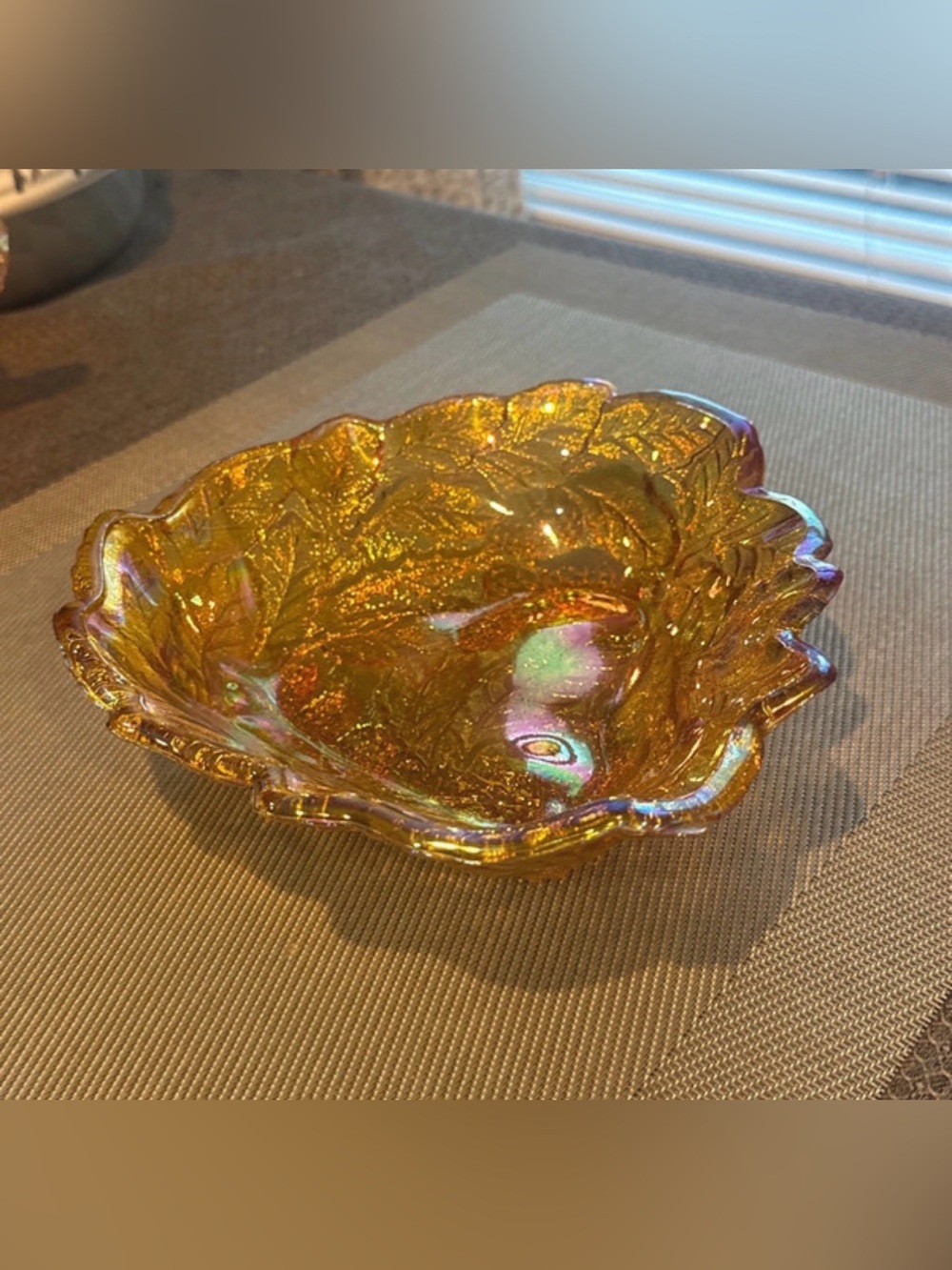 Vintage Indiana Iridescent Marigold Carnival Glass Loganberry Leaf Dish